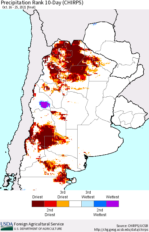 Southern South America Precipitation Rank 10-Day (CHIRPS) Thematic Map For 10/16/2021 - 10/25/2021