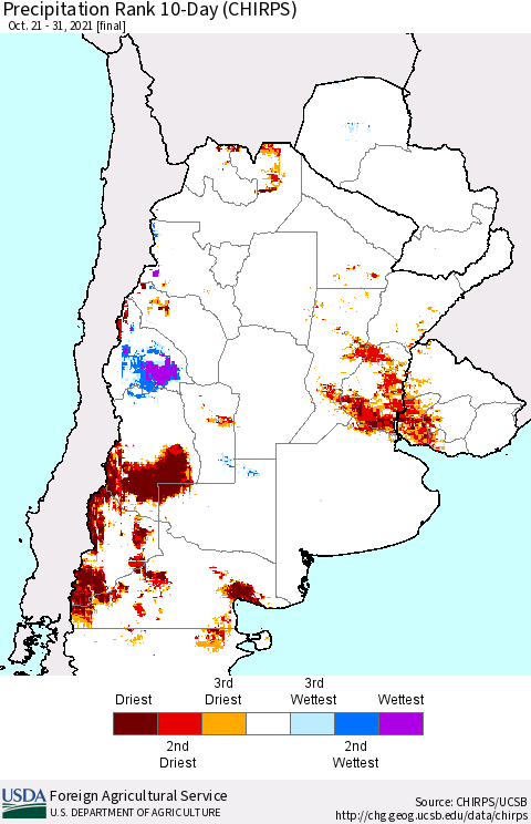 Southern South America Precipitation Rank since 1981, 10-Day (CHIRPS) Thematic Map For 10/21/2021 - 10/31/2021