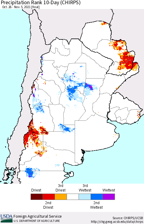 Southern South America Precipitation Rank since 1981, 10-Day (CHIRPS) Thematic Map For 10/26/2021 - 11/5/2021