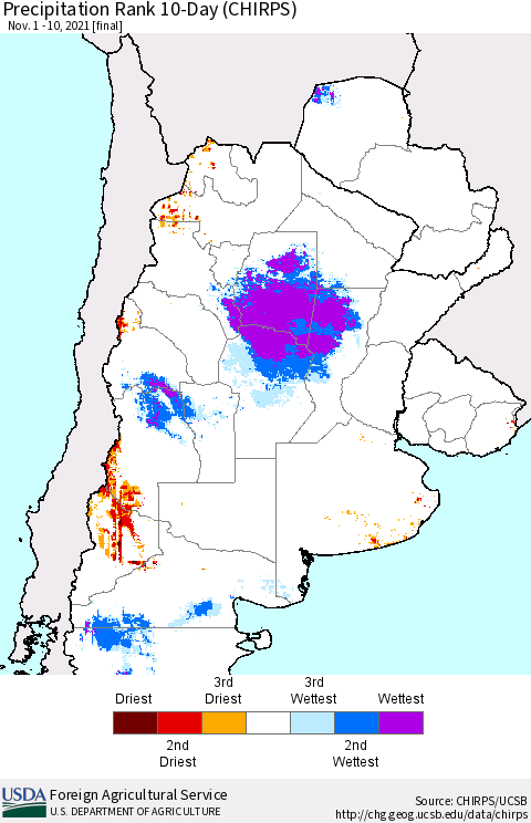 Southern South America Precipitation Rank 10-Day (CHIRPS) Thematic Map For 11/1/2021 - 11/10/2021