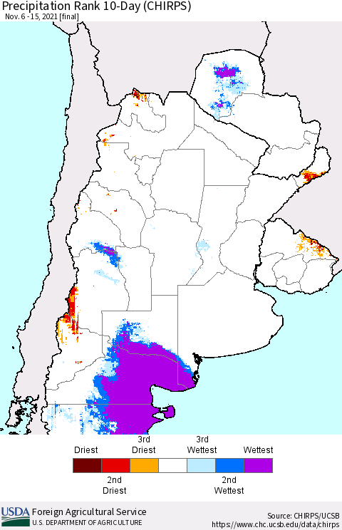 Southern South America Precipitation Rank 10-Day (CHIRPS) Thematic Map For 11/6/2021 - 11/15/2021