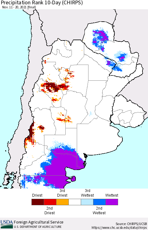 Southern South America Precipitation Rank 10-Day (CHIRPS) Thematic Map For 11/11/2021 - 11/20/2021