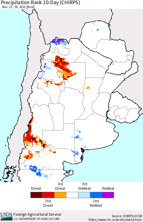 Southern South America Precipitation Rank 10-Day (CHIRPS) Thematic Map For 11/21/2021 - 11/30/2021