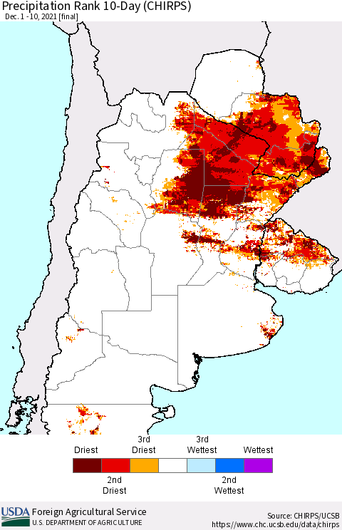 Southern South America Precipitation Rank 10-Day (CHIRPS) Thematic Map For 12/1/2021 - 12/10/2021