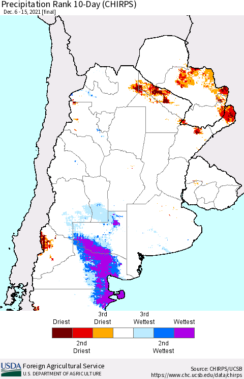 Southern South America Precipitation Rank 10-Day (CHIRPS) Thematic Map For 12/6/2021 - 12/15/2021