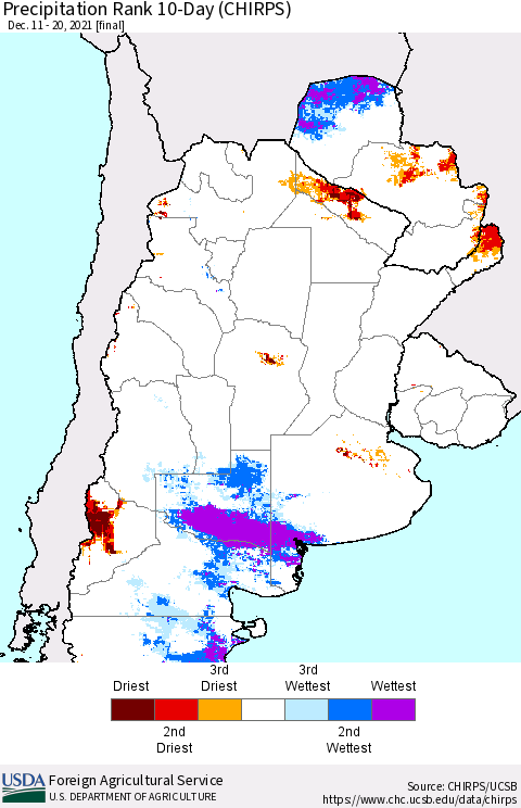 Southern South America Precipitation Rank since 1981, 10-Day (CHIRPS) Thematic Map For 12/11/2021 - 12/20/2021