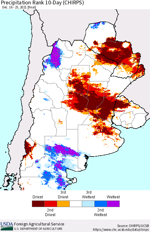 Southern South America Precipitation Rank 10-Day (CHIRPS) Thematic Map For 12/16/2021 - 12/25/2021
