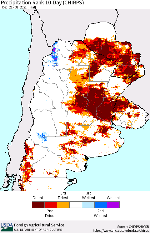 Southern South America Precipitation Rank 10-Day (CHIRPS) Thematic Map For 12/21/2021 - 12/31/2021