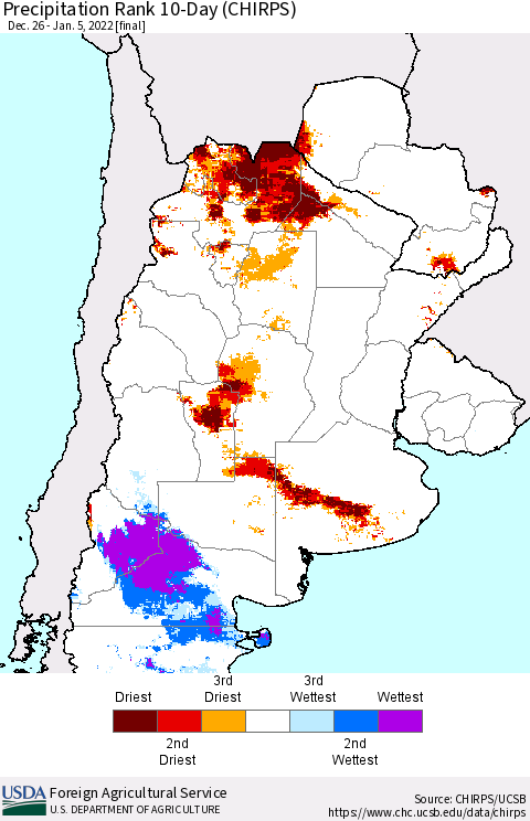 Southern South America Precipitation Rank 10-Day (CHIRPS) Thematic Map For 12/26/2021 - 1/5/2022