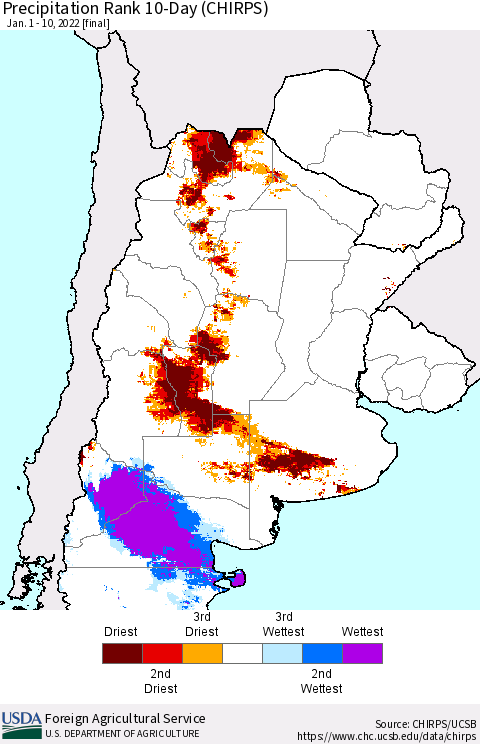 Southern South America Precipitation Rank since 1981, 10-Day (CHIRPS) Thematic Map For 1/1/2022 - 1/10/2022
