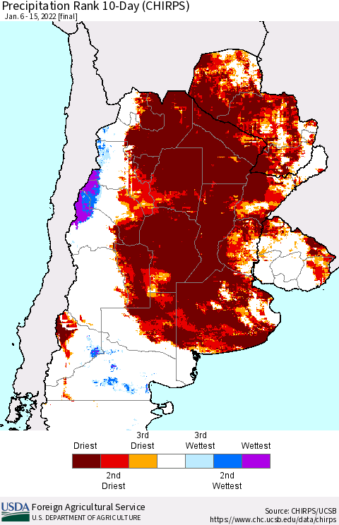 Southern South America Precipitation Rank since 1981, 10-Day (CHIRPS) Thematic Map For 1/6/2022 - 1/15/2022