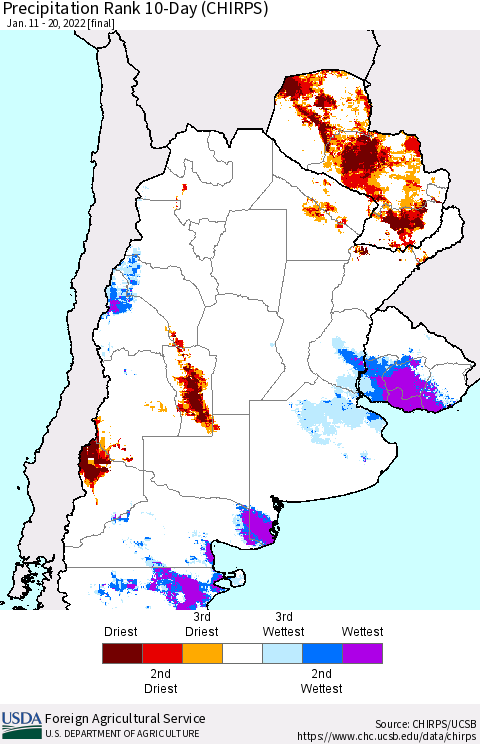 Southern South America Precipitation Rank 10-Day (CHIRPS) Thematic Map For 1/11/2022 - 1/20/2022