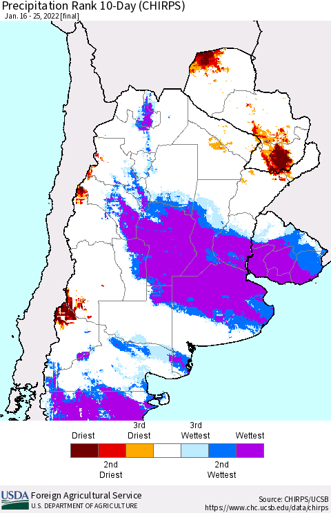 Southern South America Precipitation Rank 10-Day (CHIRPS) Thematic Map For 1/16/2022 - 1/25/2022