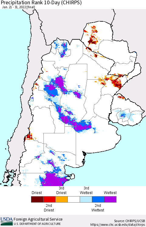Southern South America Precipitation Rank 10-Day (CHIRPS) Thematic Map For 1/21/2022 - 1/31/2022