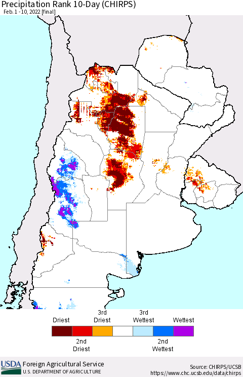 Southern South America Precipitation Rank 10-Day (CHIRPS) Thematic Map For 2/1/2022 - 2/10/2022