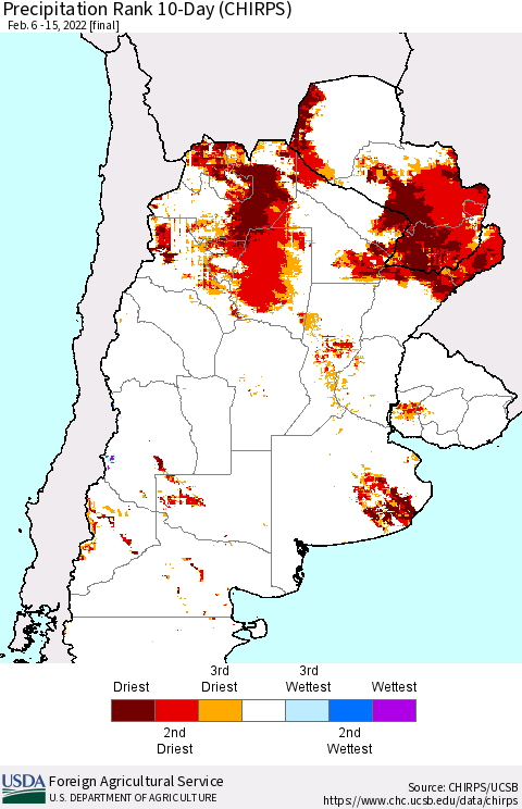 Southern South America Precipitation Rank 10-Day (CHIRPS) Thematic Map For 2/6/2022 - 2/15/2022
