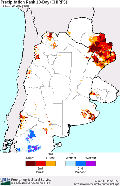 Southern South America Precipitation Rank 10-Day (CHIRPS) Thematic Map For 2/11/2022 - 2/20/2022