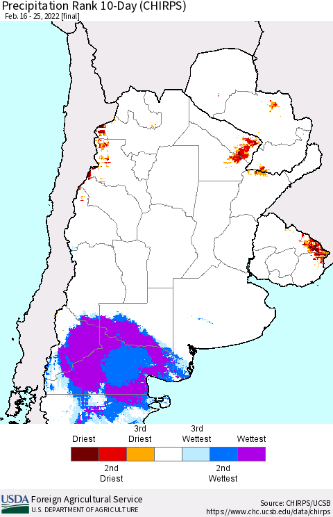Southern South America Precipitation Rank 10-Day (CHIRPS) Thematic Map For 2/16/2022 - 2/25/2022