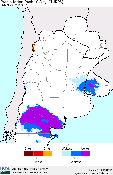 Southern South America Precipitation Rank 10-Day (CHIRPS) Thematic Map For 2/21/2022 - 2/28/2022