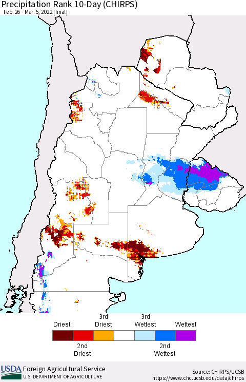 Southern South America Precipitation Rank 10-Day (CHIRPS) Thematic Map For 2/26/2022 - 3/5/2022