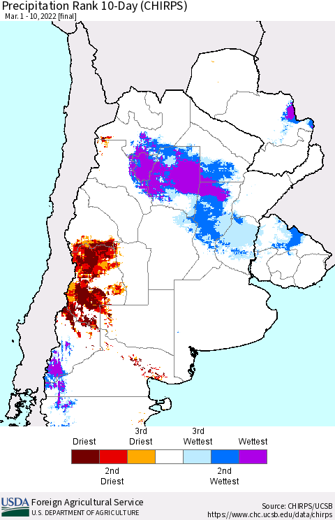 Southern South America Precipitation Rank 10-Day (CHIRPS) Thematic Map For 3/1/2022 - 3/10/2022