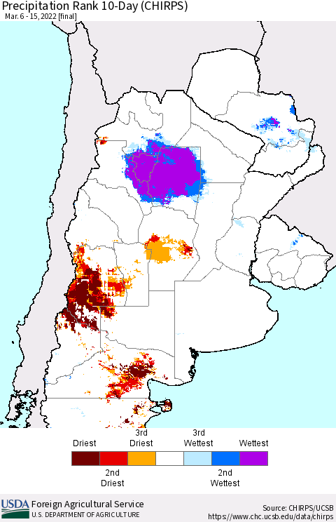 Southern South America Precipitation Rank 10-Day (CHIRPS) Thematic Map For 3/6/2022 - 3/15/2022