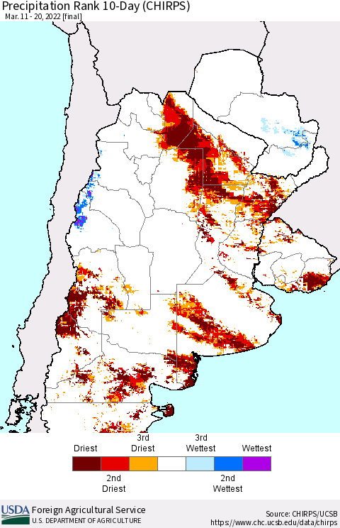 Southern South America Precipitation Rank 10-Day (CHIRPS) Thematic Map For 3/11/2022 - 3/20/2022