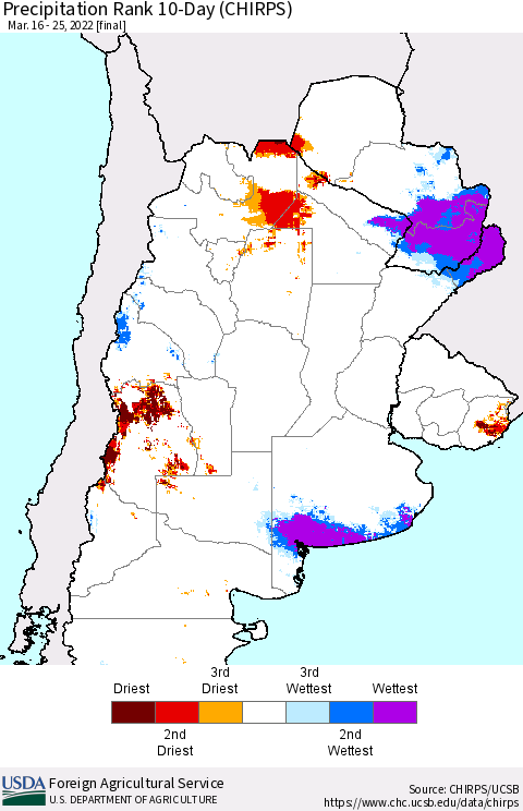 Southern South America Precipitation Rank 10-Day (CHIRPS) Thematic Map For 3/16/2022 - 3/25/2022