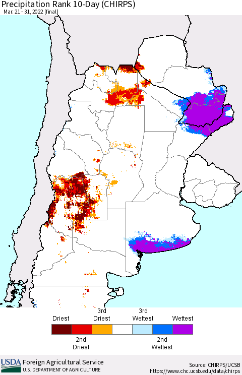 Southern South America Precipitation Rank since 1981, 10-Day (CHIRPS) Thematic Map For 3/21/2022 - 3/31/2022