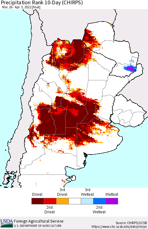 Southern South America Precipitation Rank 10-Day (CHIRPS) Thematic Map For 3/26/2022 - 4/5/2022