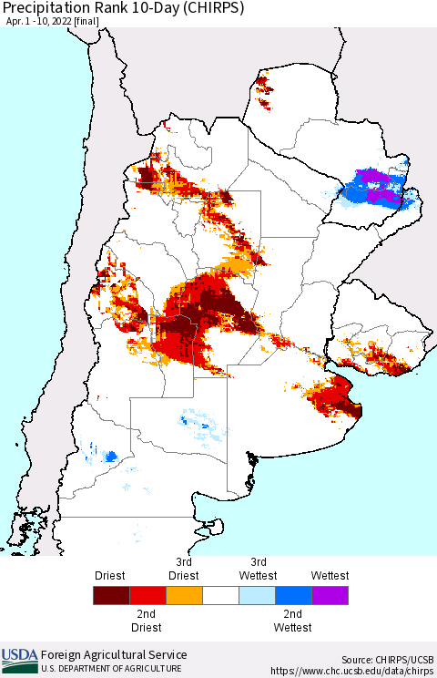 Southern South America Precipitation Rank 10-Day (CHIRPS) Thematic Map For 4/1/2022 - 4/10/2022