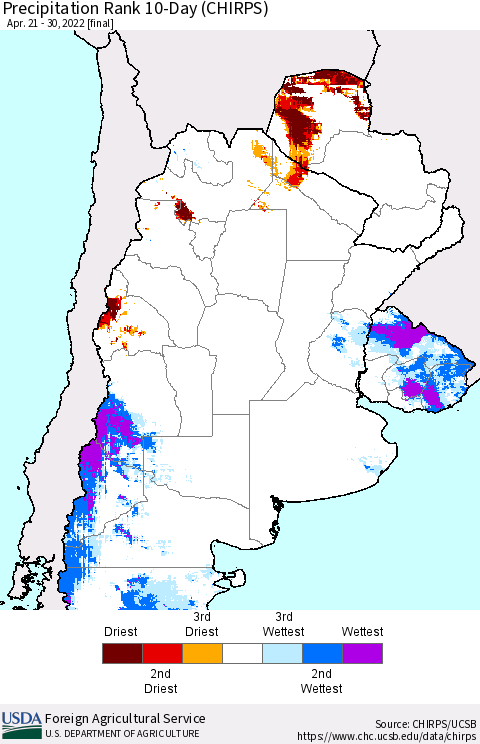 Southern South America Precipitation Rank since 1981, 10-Day (CHIRPS) Thematic Map For 4/21/2022 - 4/30/2022