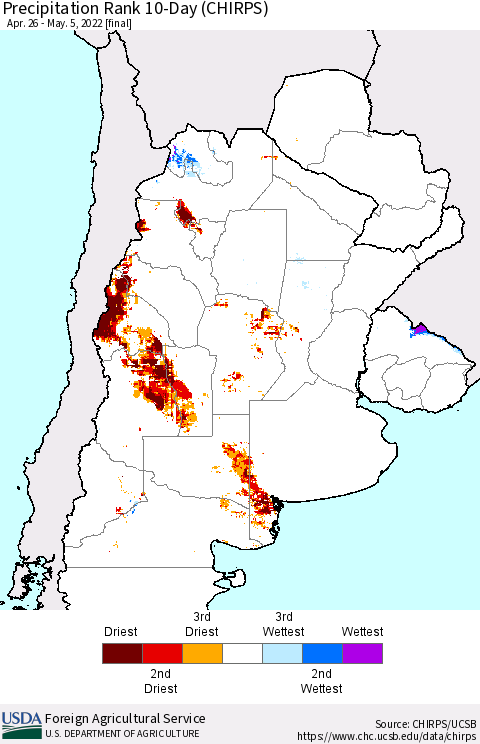 Southern South America Precipitation Rank since 1981, 10-Day (CHIRPS) Thematic Map For 4/26/2022 - 5/5/2022
