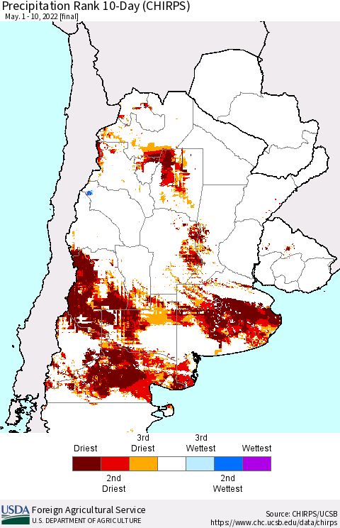 Southern South America Precipitation Rank 10-Day (CHIRPS) Thematic Map For 5/1/2022 - 5/10/2022