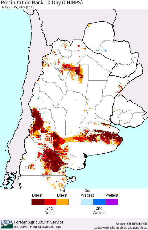 Southern South America Precipitation Rank 10-Day (CHIRPS) Thematic Map For 5/6/2022 - 5/15/2022