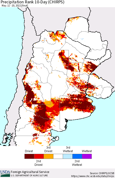 Southern South America Precipitation Rank 10-Day (CHIRPS) Thematic Map For 5/11/2022 - 5/20/2022