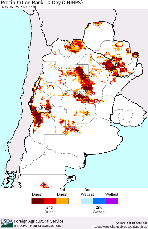 Southern South America Precipitation Rank 10-Day (CHIRPS) Thematic Map For 5/16/2022 - 5/25/2022