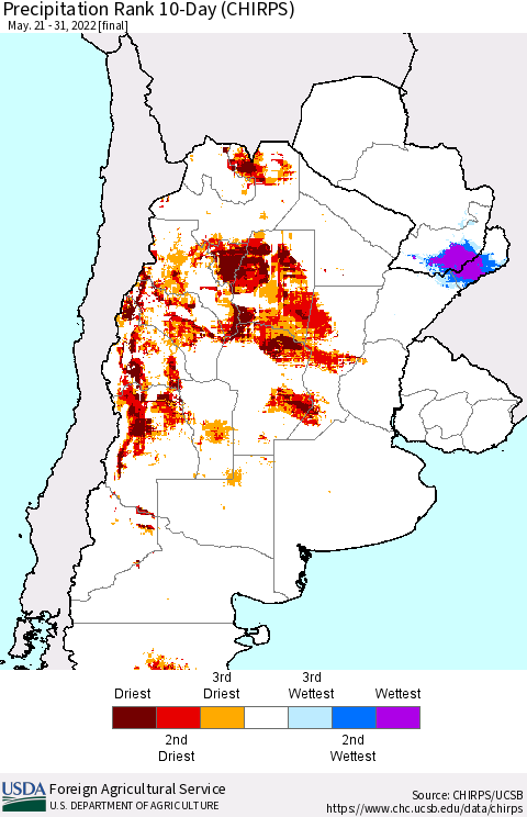 Southern South America Precipitation Rank since 1981, 10-Day (CHIRPS) Thematic Map For 5/21/2022 - 5/31/2022