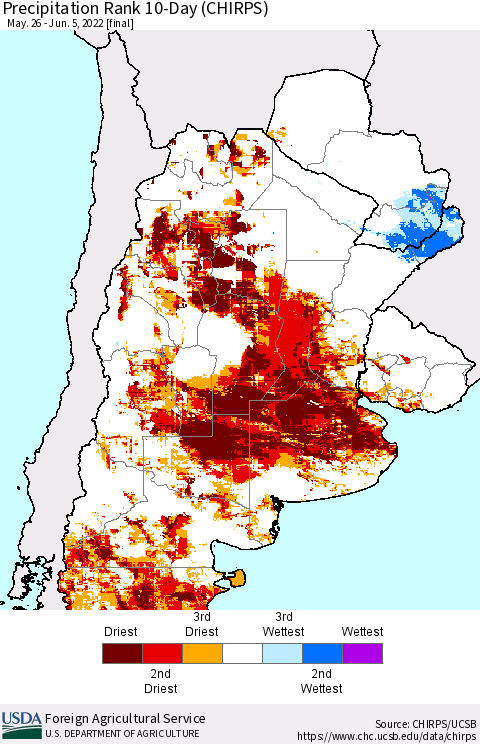 Southern South America Precipitation Rank 10-Day (CHIRPS) Thematic Map For 5/26/2022 - 6/5/2022