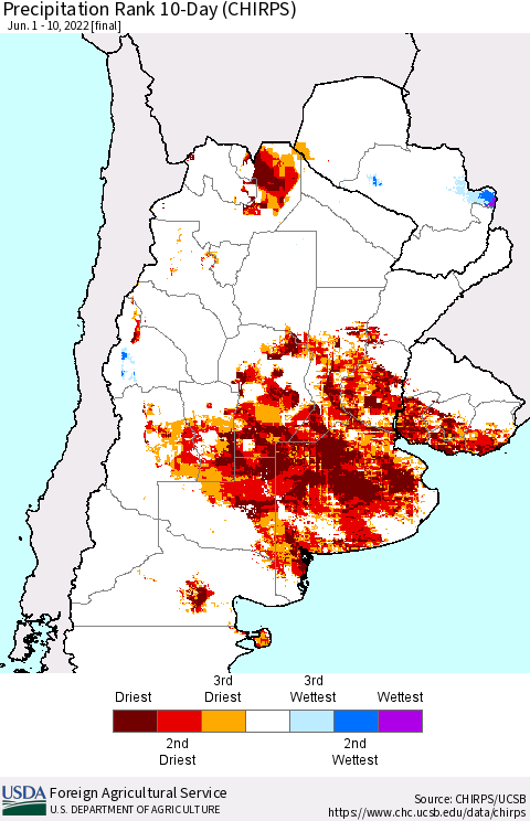 Southern South America Precipitation Rank since 1981, 10-Day (CHIRPS) Thematic Map For 6/1/2022 - 6/10/2022