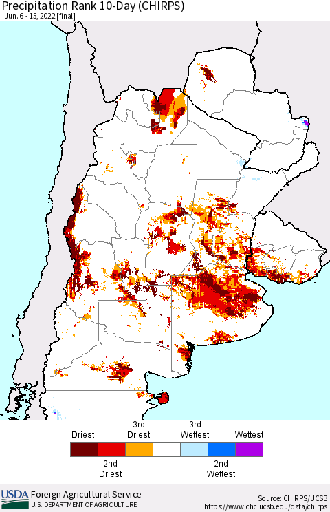 Southern South America Precipitation Rank since 1981, 10-Day (CHIRPS) Thematic Map For 6/6/2022 - 6/15/2022