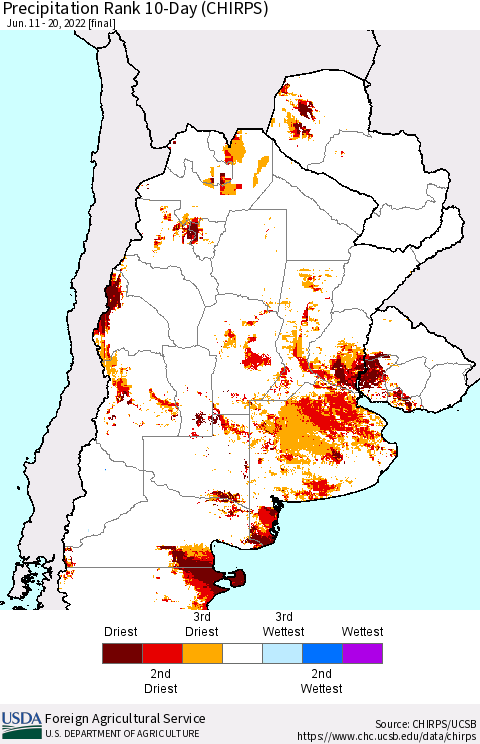 Southern South America Precipitation Rank 10-Day (CHIRPS) Thematic Map For 6/11/2022 - 6/20/2022
