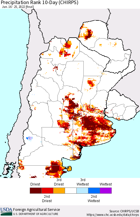 Southern South America Precipitation Rank 10-Day (CHIRPS) Thematic Map For 6/16/2022 - 6/25/2022