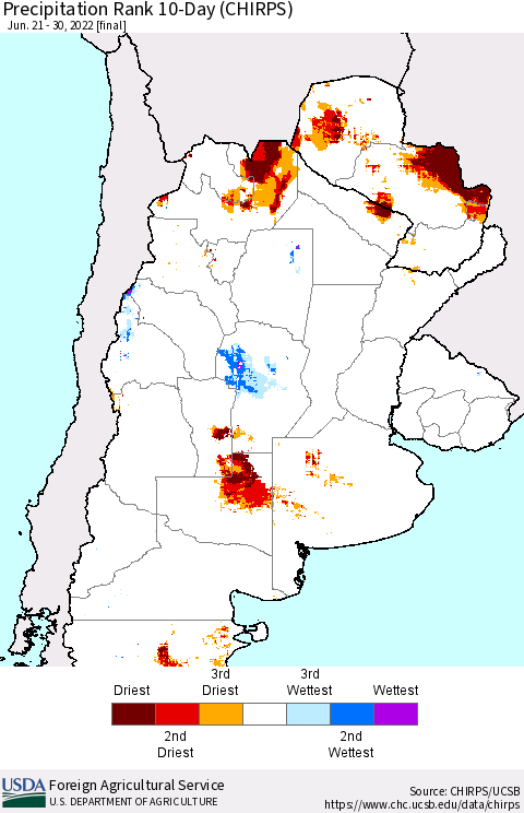 Southern South America Precipitation Rank since 1981, 10-Day (CHIRPS) Thematic Map For 6/21/2022 - 6/30/2022