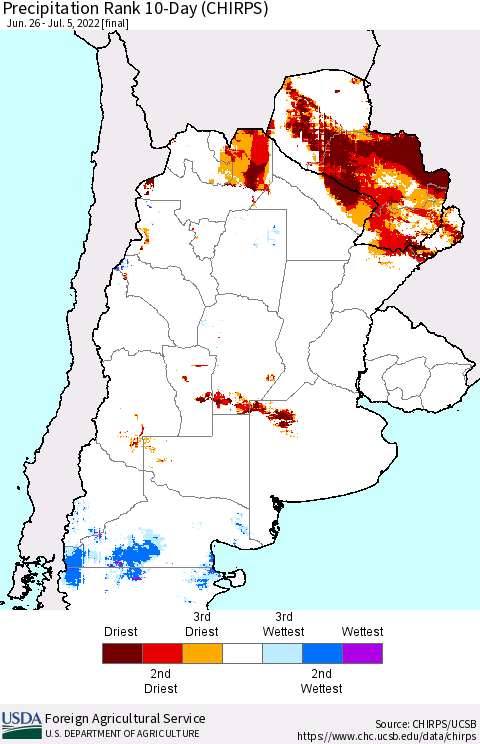 Southern South America Precipitation Rank 10-Day (CHIRPS) Thematic Map For 6/26/2022 - 7/5/2022