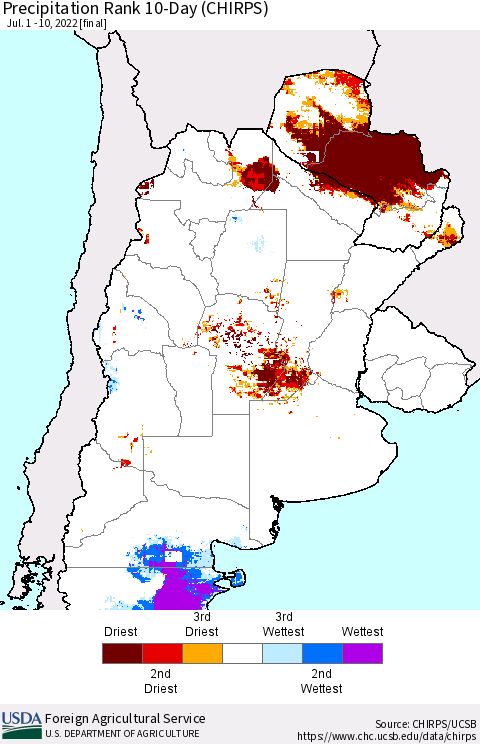 Southern South America Precipitation Rank 10-Day (CHIRPS) Thematic Map For 7/1/2022 - 7/10/2022