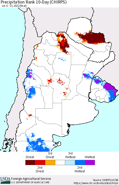 Southern South America Precipitation Rank 10-Day (CHIRPS) Thematic Map For 7/6/2022 - 7/15/2022