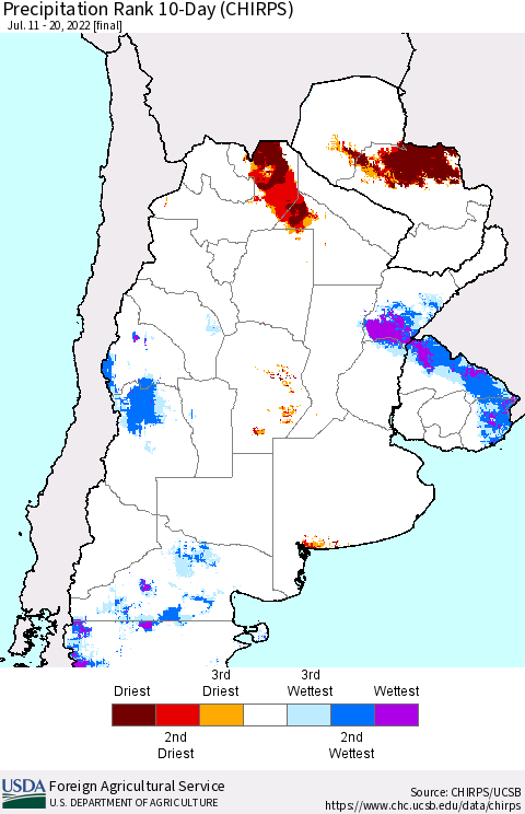 Southern South America Precipitation Rank 10-Day (CHIRPS) Thematic Map For 7/11/2022 - 7/20/2022