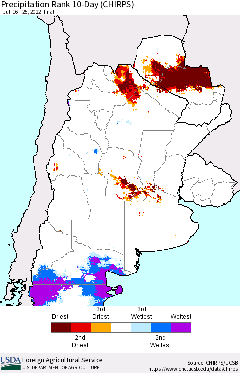 Southern South America Precipitation Rank 10-Day (CHIRPS) Thematic Map For 7/16/2022 - 7/25/2022