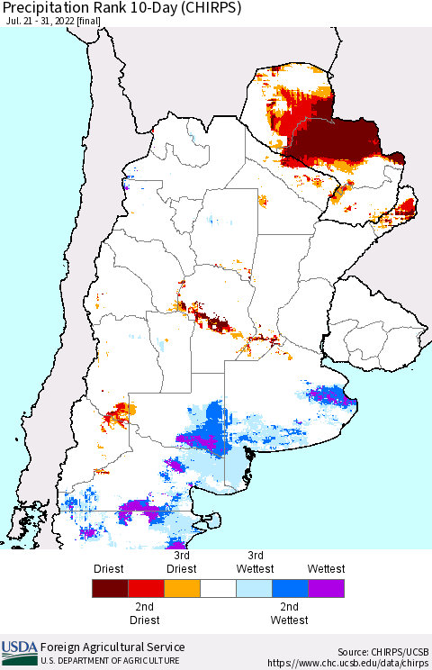 Southern South America Precipitation Rank since 1981, 10-Day (CHIRPS) Thematic Map For 7/21/2022 - 7/31/2022